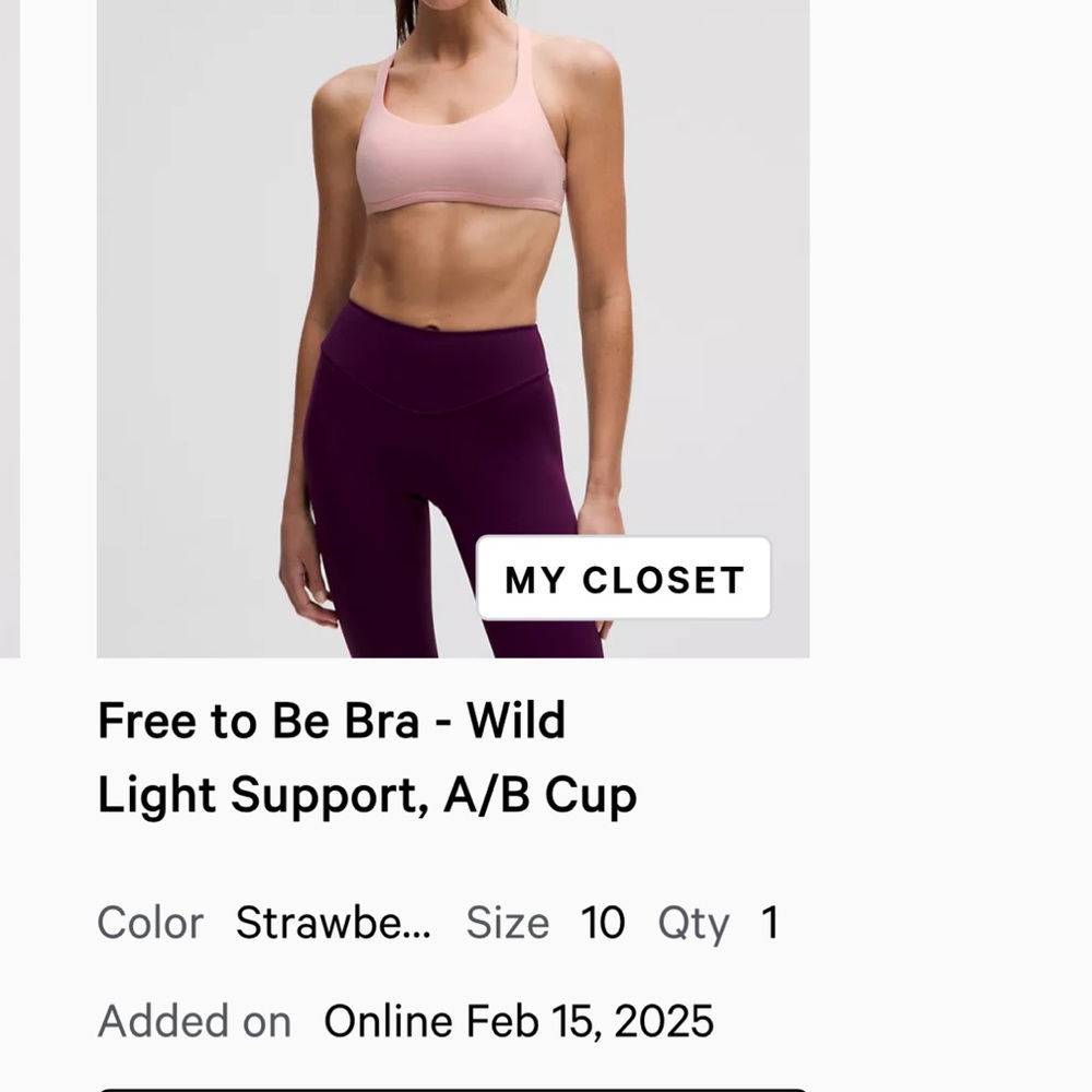 lululemon Free to Be Bra - Strawberry milkshake